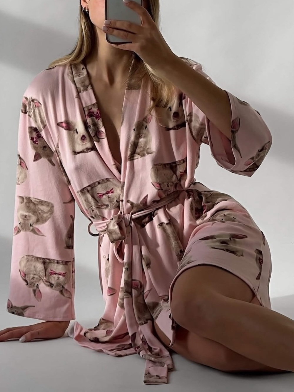 Betsey Johnson Pink Romantic Feminine Bunny Print Wrap Robe Coquette Size Medium